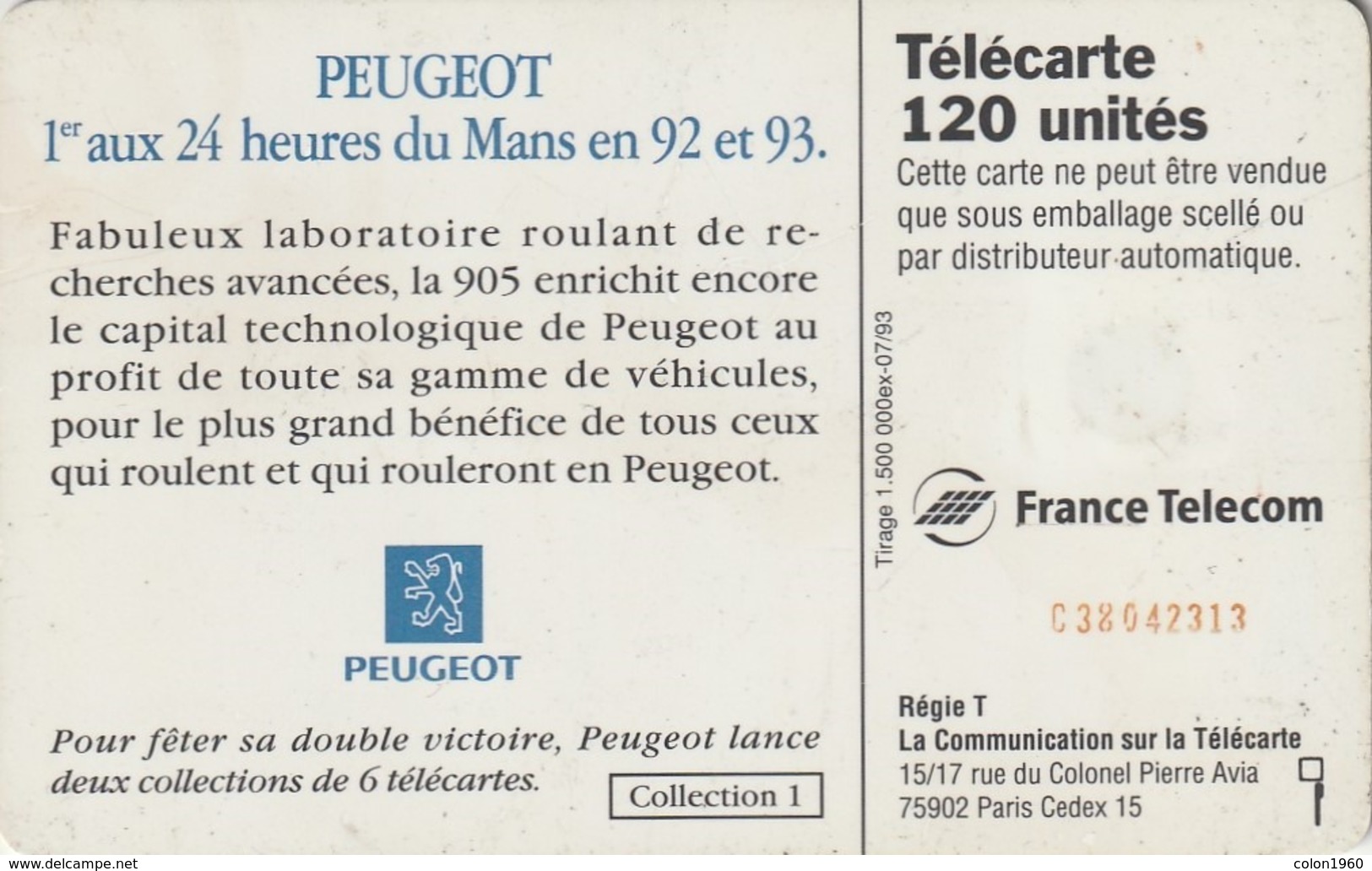 FRANCIA. Peugeot 905 3 - 2 Voitures. 120U. 0398. 07/93. (205). - Deportes