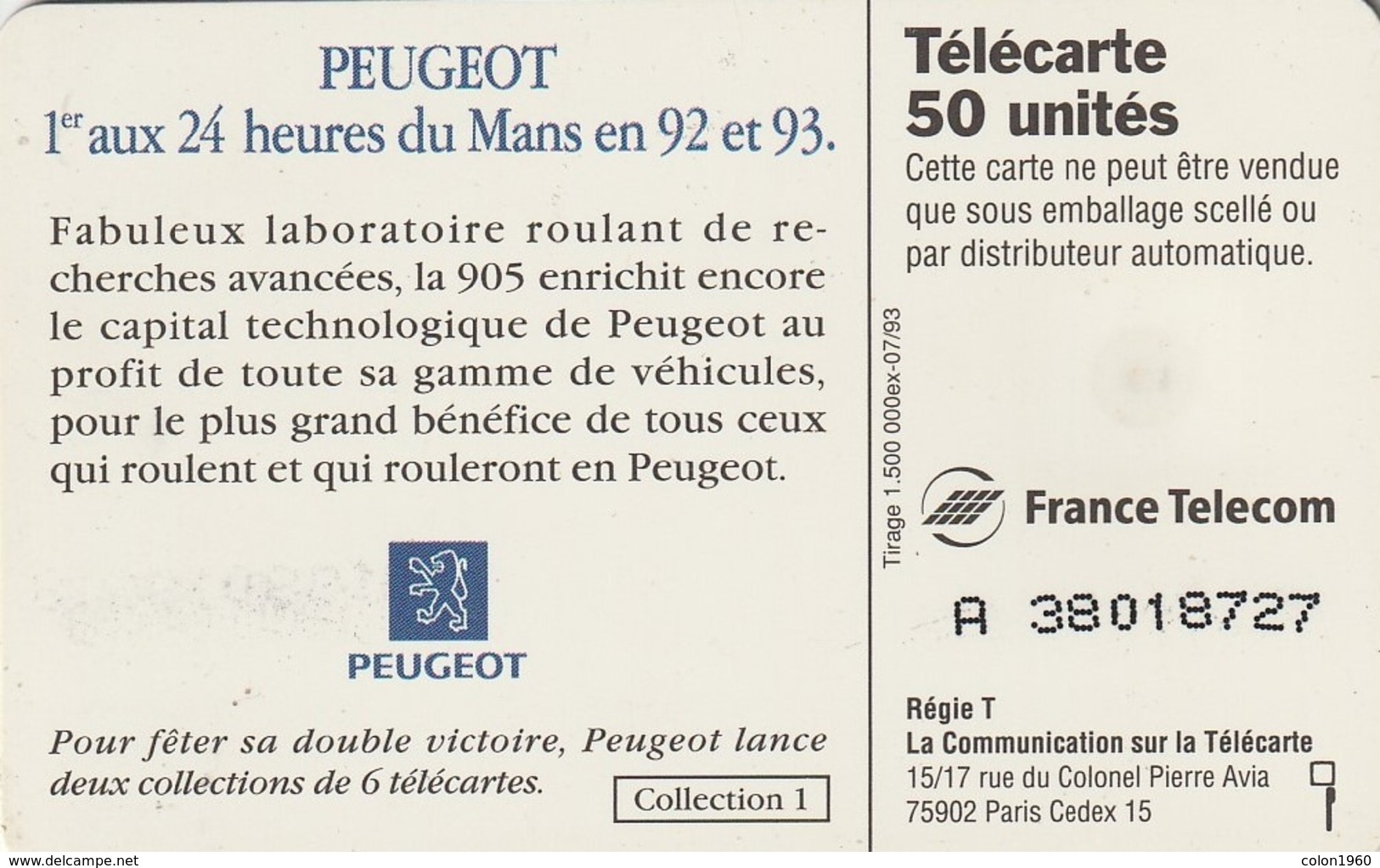 FRANCIA. Peugeot 905 5 - Voiture De Profil. 50U. 07/93. 0401. (208). - Deportes