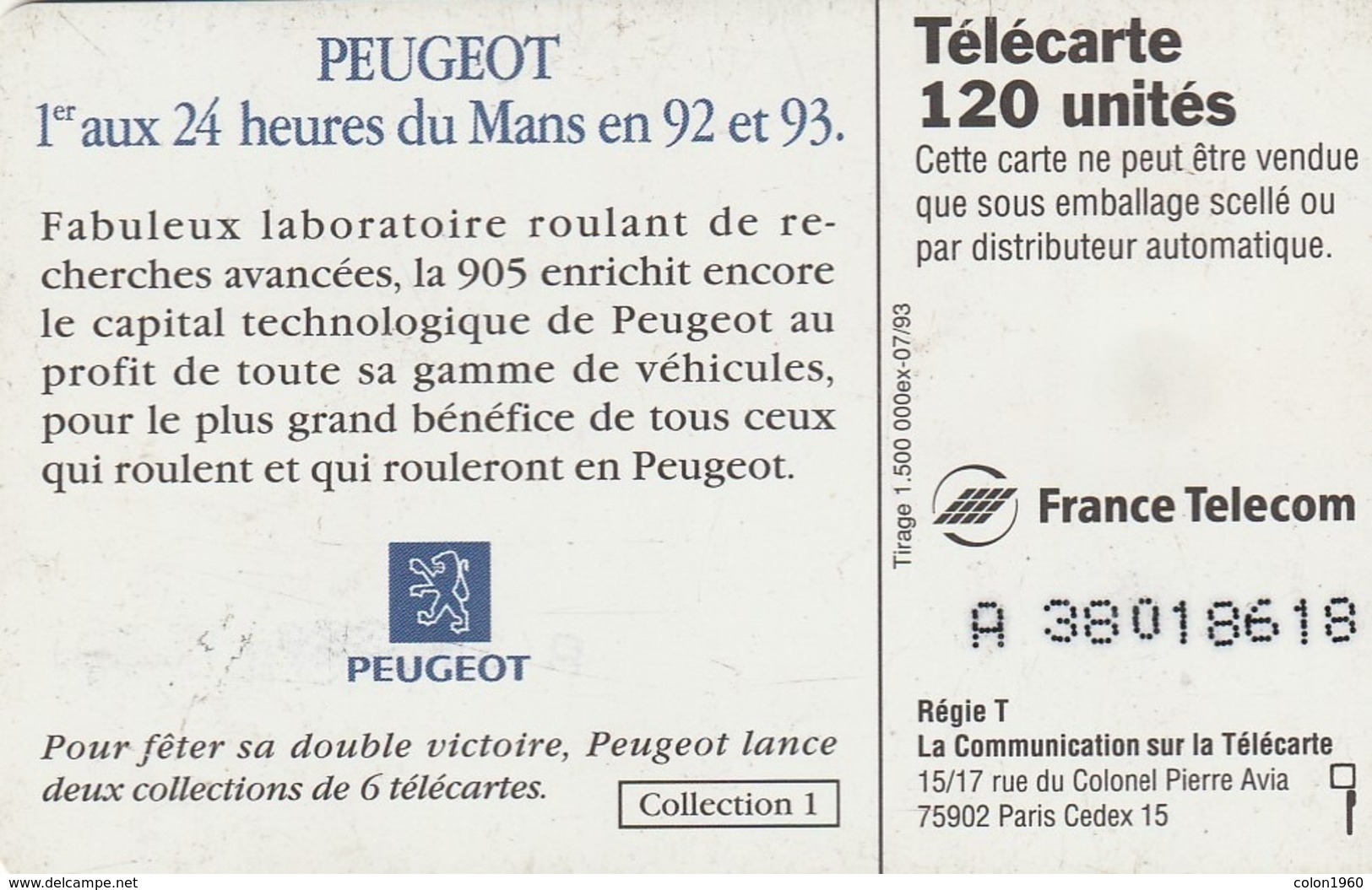 FRANCIA. Peugeot 905 5 - Voiture De Profil. 120U. 07/93. 0402. (209). - Sport