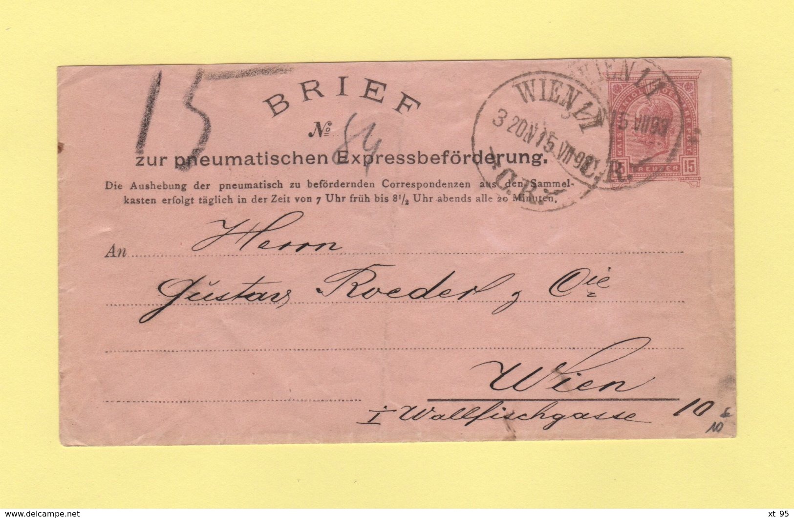 Autriche - Entier Postal - Pneumatique - Wien -1893 - Otros & Sin Clasificación