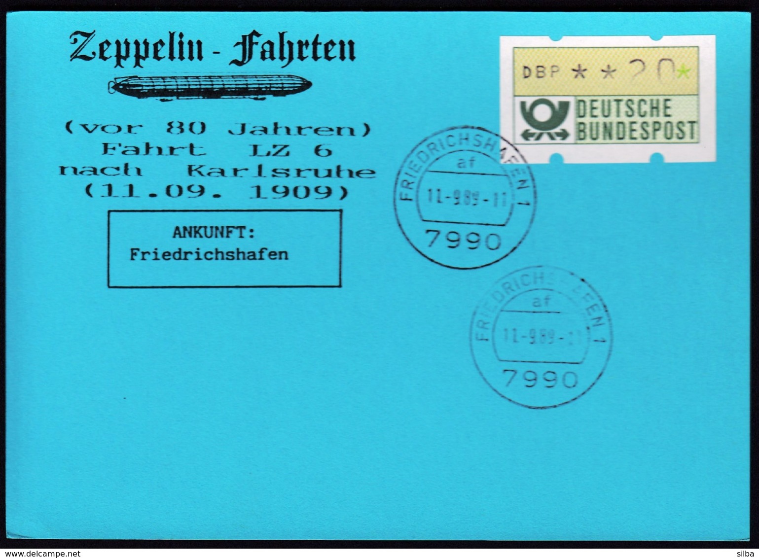 Germany 1989 / Zeppelin Fahrten Nach Karlsruhe -  11.09.1909 - LZ 6 - Friedrichshafen 11.-9.89 - Zeppelins