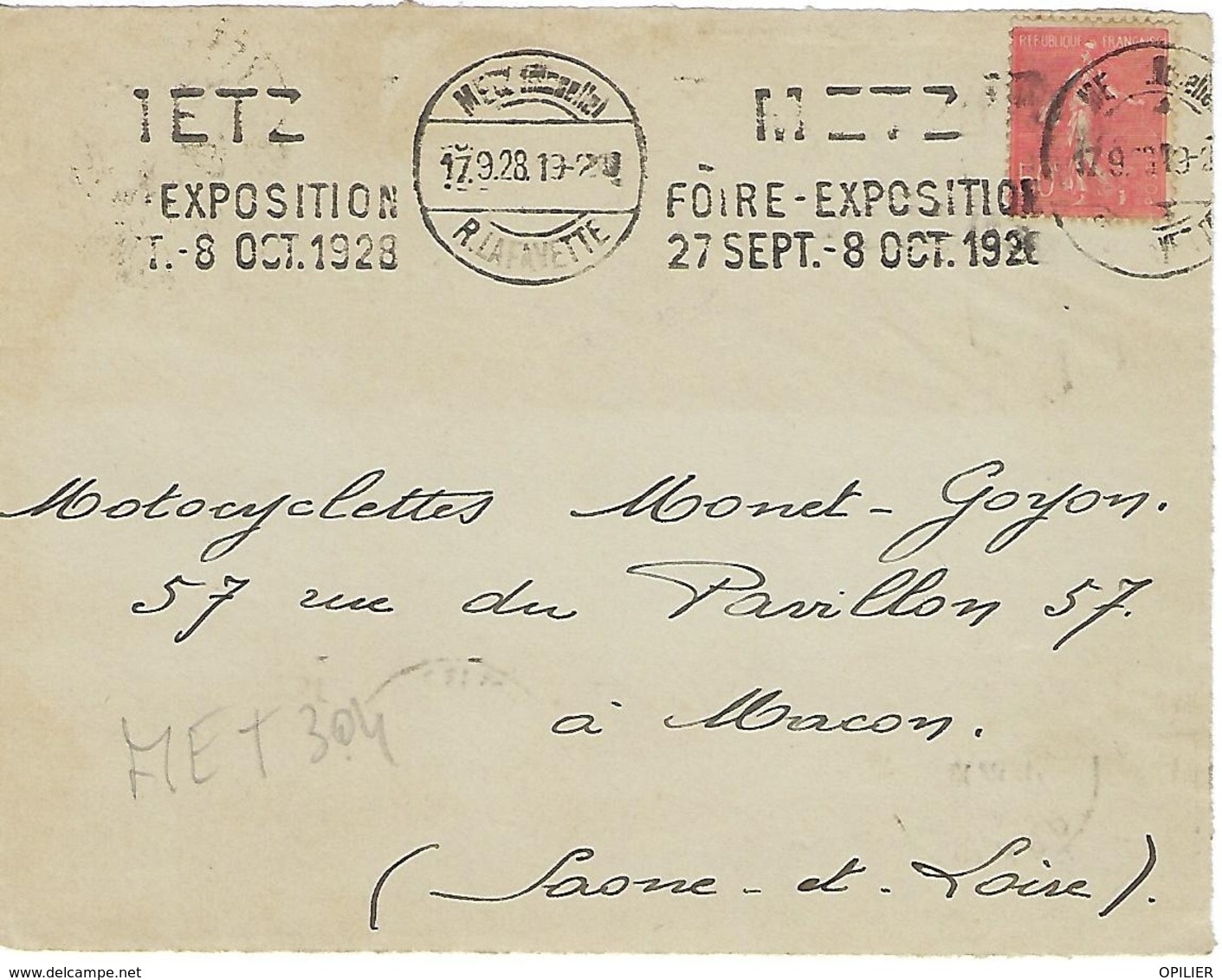 METZ SYLBE ET PONDORF 1928 DREYFUSS (MET304) En 1994 Côte 250FDEVANT SEUL FOIRE EXPOSITION 27 SEPT 8 OCT 1928 - Oblitérations Mécaniques (flammes)