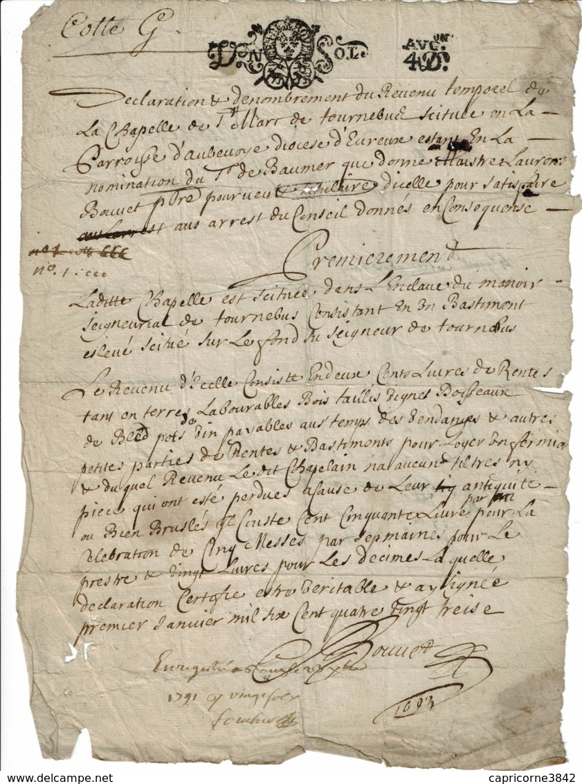 1693 - Document Manuscrit - Beau Cachet "Généralité De Rouen" - Cachets Généralité