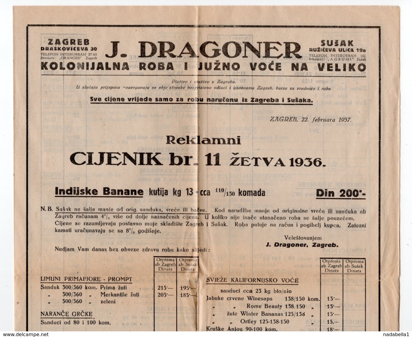 1937 YUGOSLAVIA, CROATIA, ZAGREB, J.DRAGONER, CITRUS FRUIT WHOLESALER, PRICE LIST, SENT TO VRSAC - Food