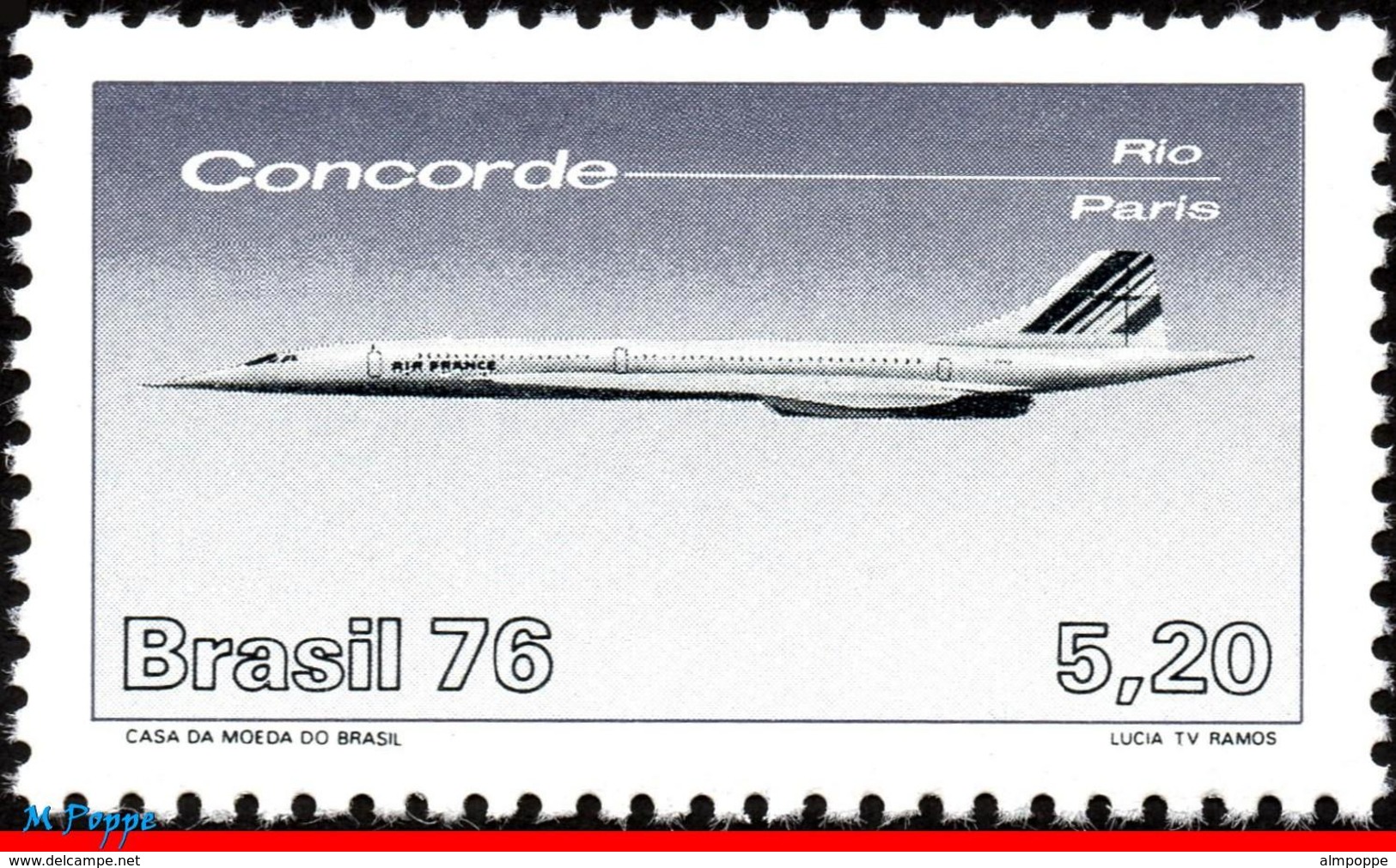 Ref. BR-1425 BRAZIL 1976 PLANES, AVIATION, 1ST FLIGHT THE CONCORDE, FRANCE-BRAZIL, MI# 1521, MNH 1V Sc# 1425 - Concorde