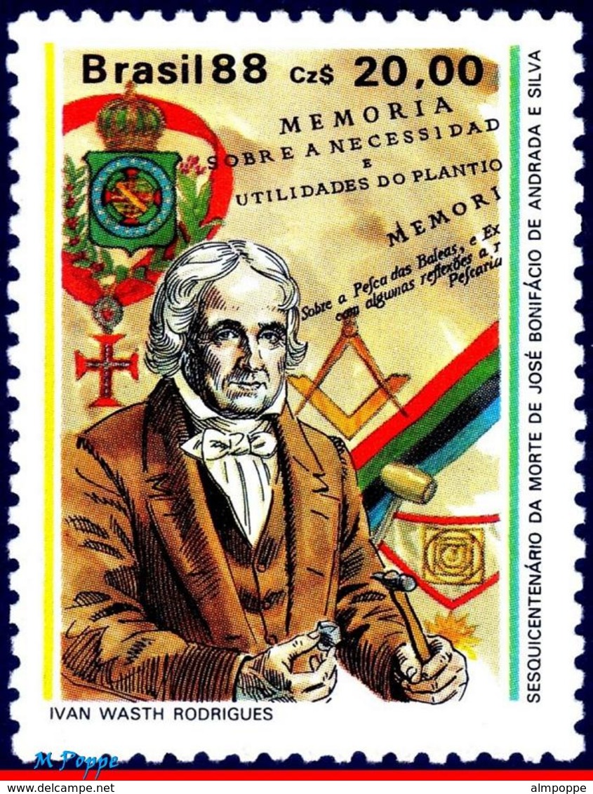 Ref. BR-2131-Q BRAZIL 1988 - JOSE BONIFACIO, MASONIC,, MASONIC EMBLEMS, MI# 2248, BLOCK MNH, FREEMASONRY 4V Sc# 2131 - Francmasonería