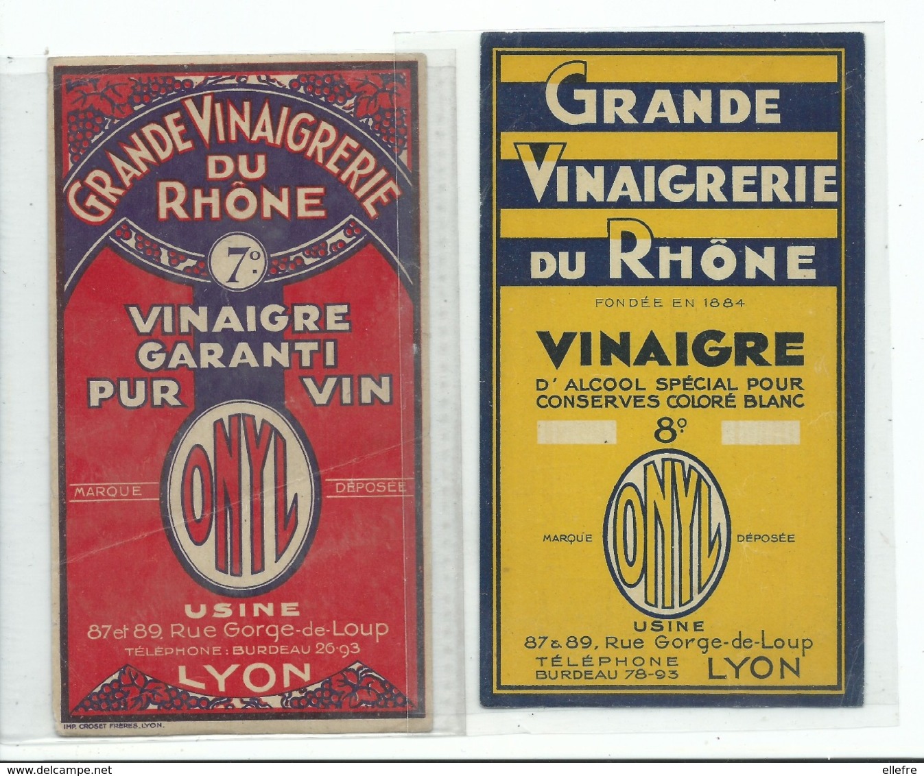 Lot De 2 Etiquette Ancienne Publicité Grande Vinaigrerie Du Rhône Usine Rue Gorge Du Loup Lyon Vinaigre ONYL - Other & Unclassified