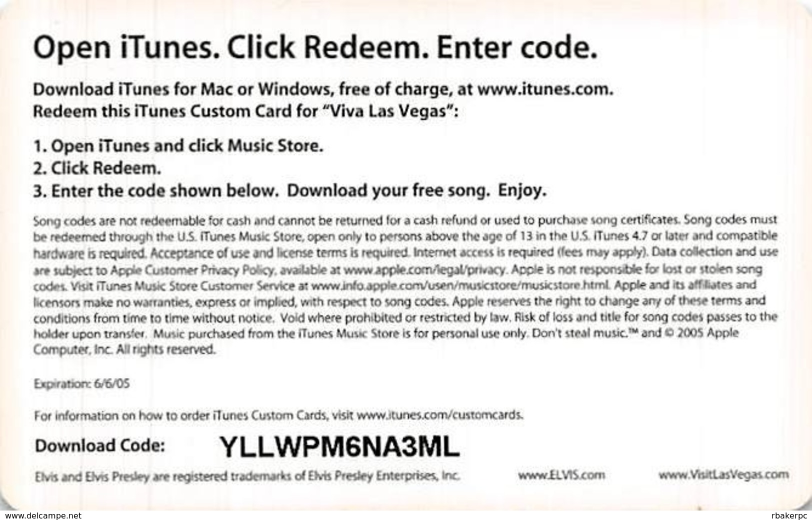 Viva Las Vegas ITunes Free Song Download Card - Other & Unclassified