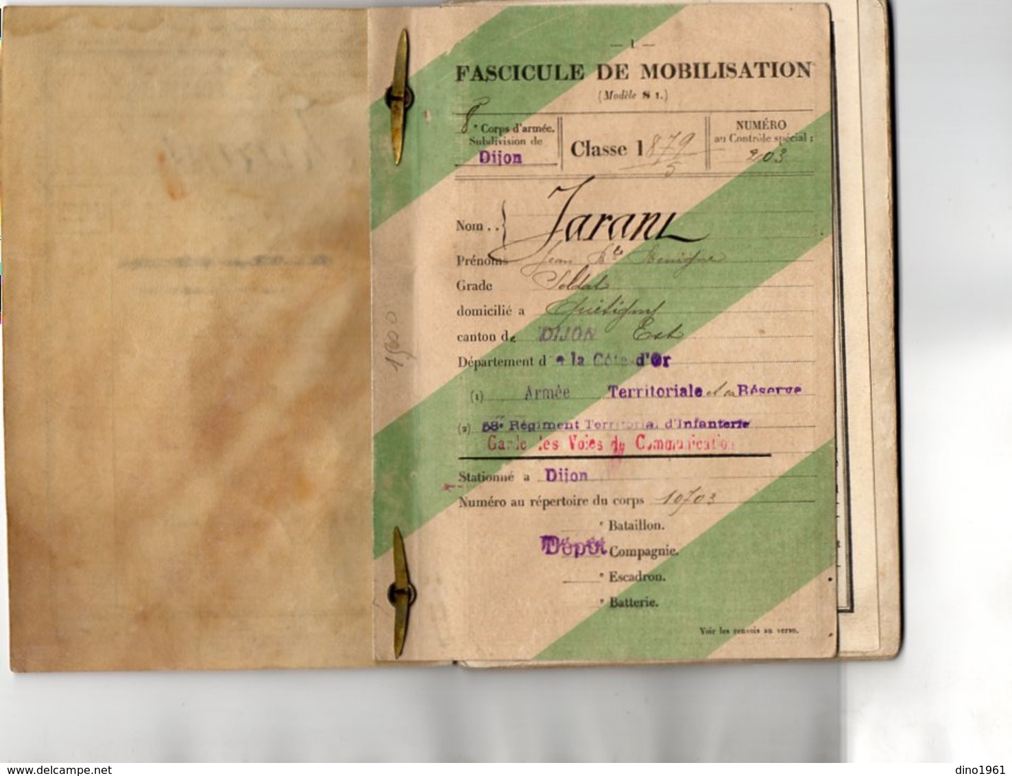 VP15.810 DIJON 1880 - Livret Militaire Soldat JARANT à QUETIGNY - Section D'Infirmier & Garde Des Voies De Communication - Documents