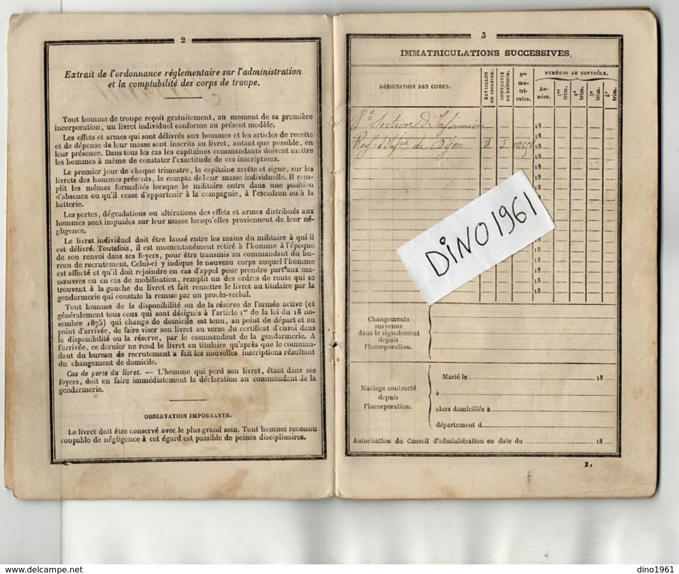 VP15.810 DIJON 1880 - Livret Militaire Soldat JARANT à QUETIGNY - Section D'Infirmier & Garde Des Voies De Communication - Documenten