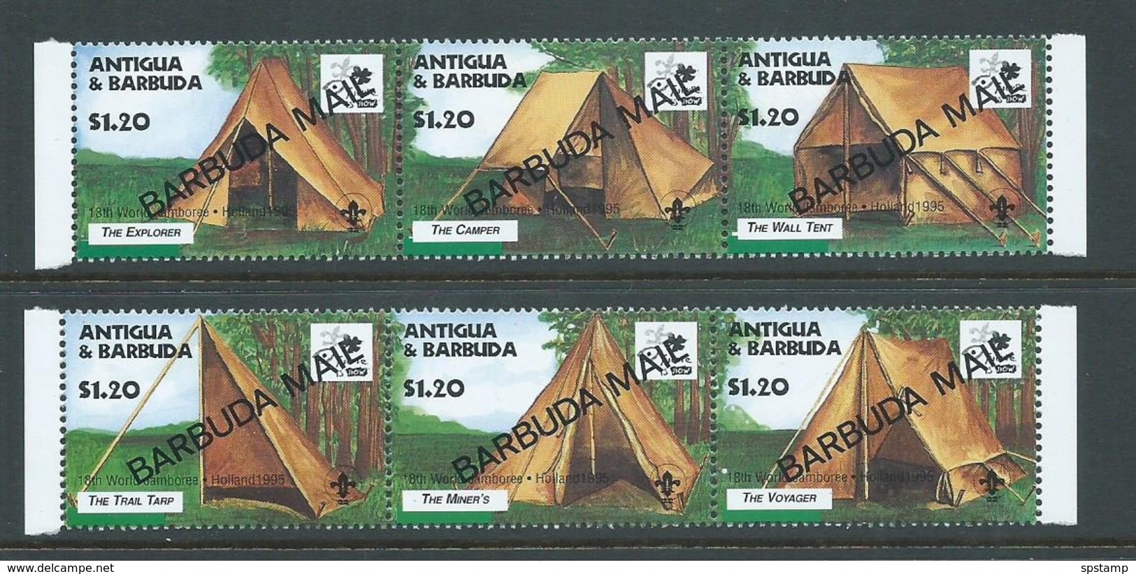 Barbuda 1981 Overprint On Antigua Holland Boy Scout Jamboree Set Of 2 Strips Of 3 MNH - Antigua And Barbuda (1981-...)