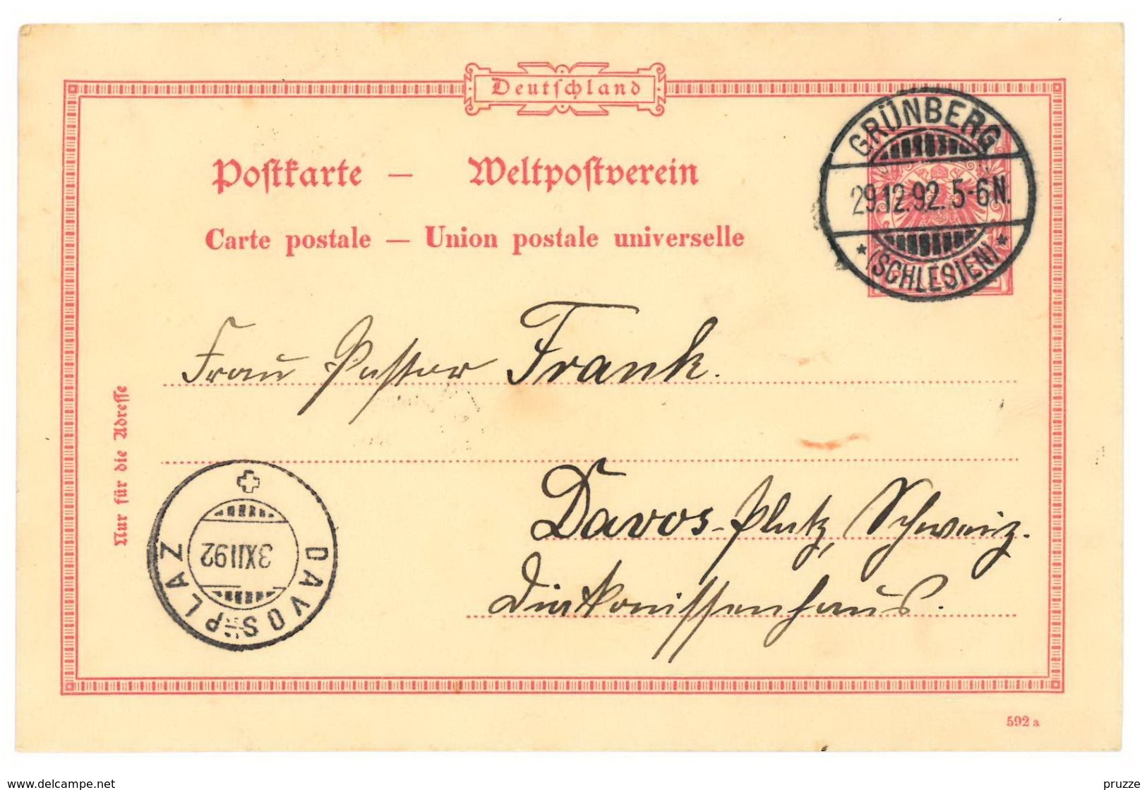 Ganzsache Grünberg, Schlesien 1892 Nach Davos-Platz, Schweiz - Autres & Non Classés