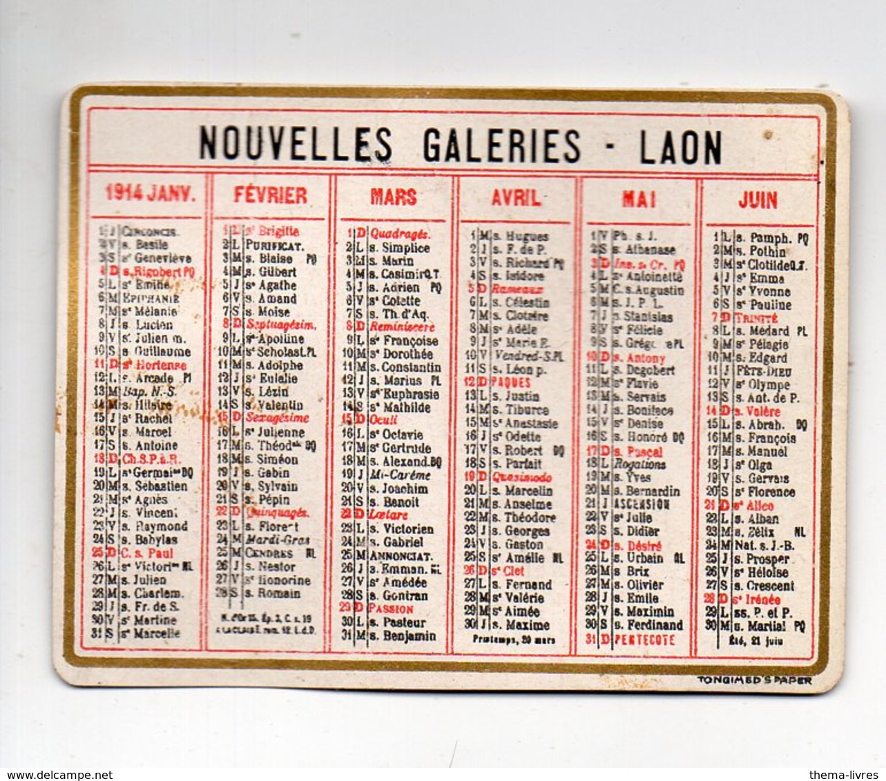 Laon (02 Aisne) Petit Calendrier 1914 NOUVELLES GALERIES Recto Verso (PPP20626) - Petit Format : 1901-20