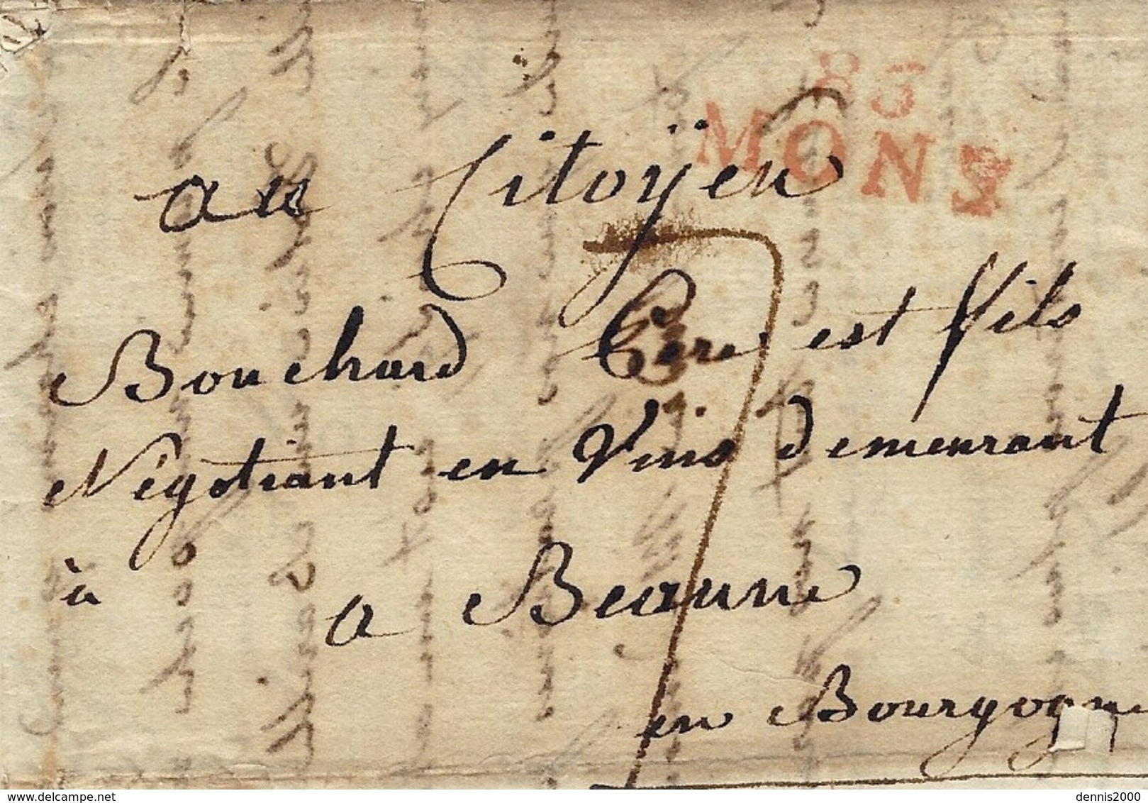 1800- Lettre De 86 / MONS (le Jemappes ) 30 Mm Rouge Taxe 7 D. Pour Beaune - 1794-1814 (French Period)
