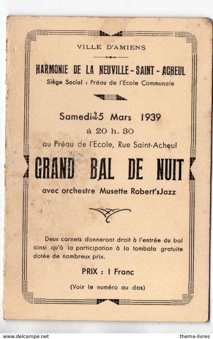 Amiens /La Neuville St Acheul (80 Somme) Invitation GRAND BAL DE NUIT 25 Mars 1939 (PPP20629) - Programmes