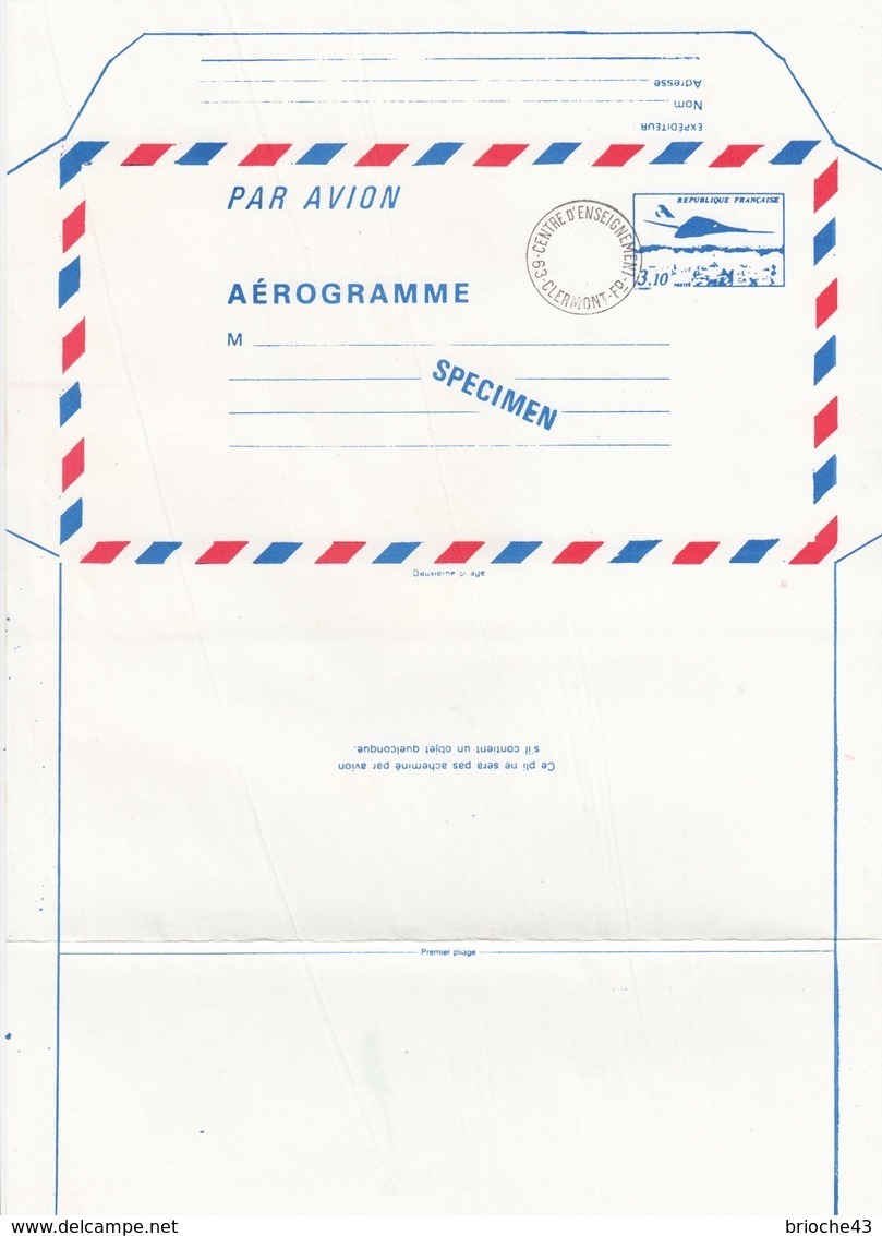 FRANCE - AEROGRAMME  SPECIMEN BLEU CONCORDE 3.10 POUR LE CENTRE D'ENSEIGNEMENT DE LA POSTE - CLERMONT FD 63 / TBS - Aerogramas