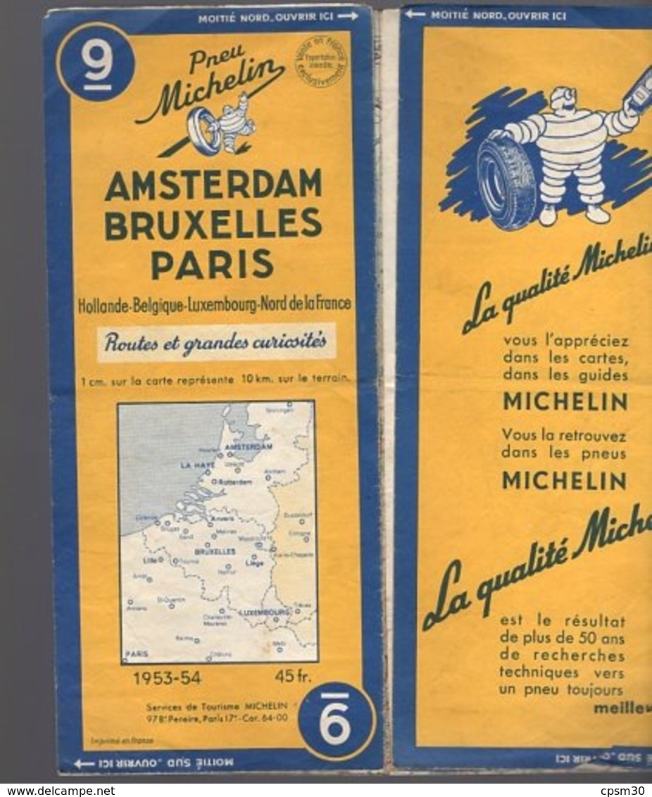 Carte Géographique MICHELIN - N° 009 AMSTERDAM - BRUXELLES - PARIS - 1953 - Cartes Routières