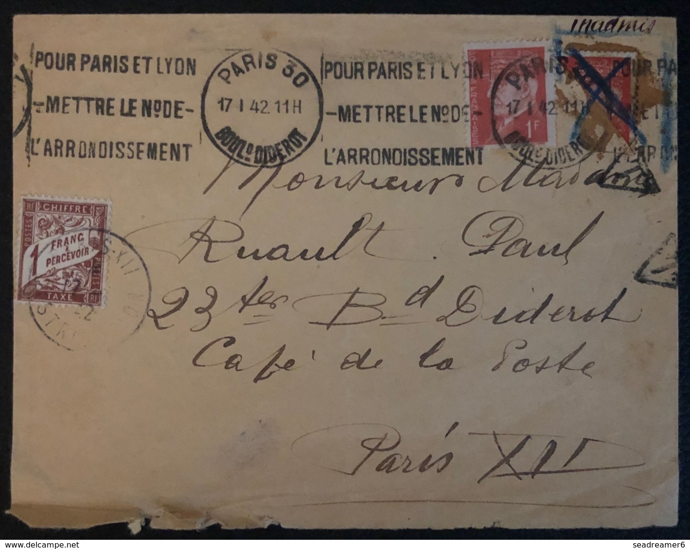 France Lettre Pétain N°514 Coupé Pour Changement De Tarif Le T P Pétain De 1,50 F Rose N° 516 était Introuvable :Taxée ! - 1941-42 Pétain