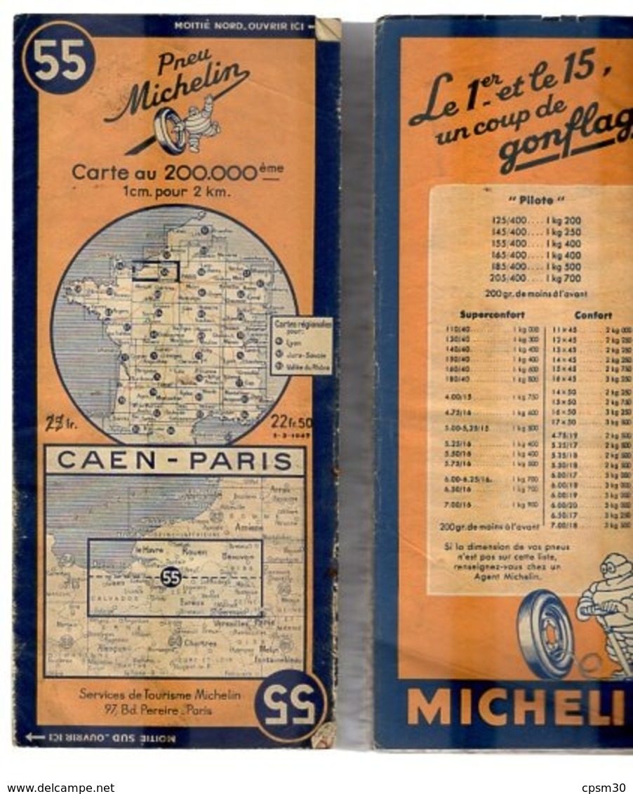Carte Géographique MICHELIN - N° 055 CAEN - PARIS - 1947 - Roadmaps