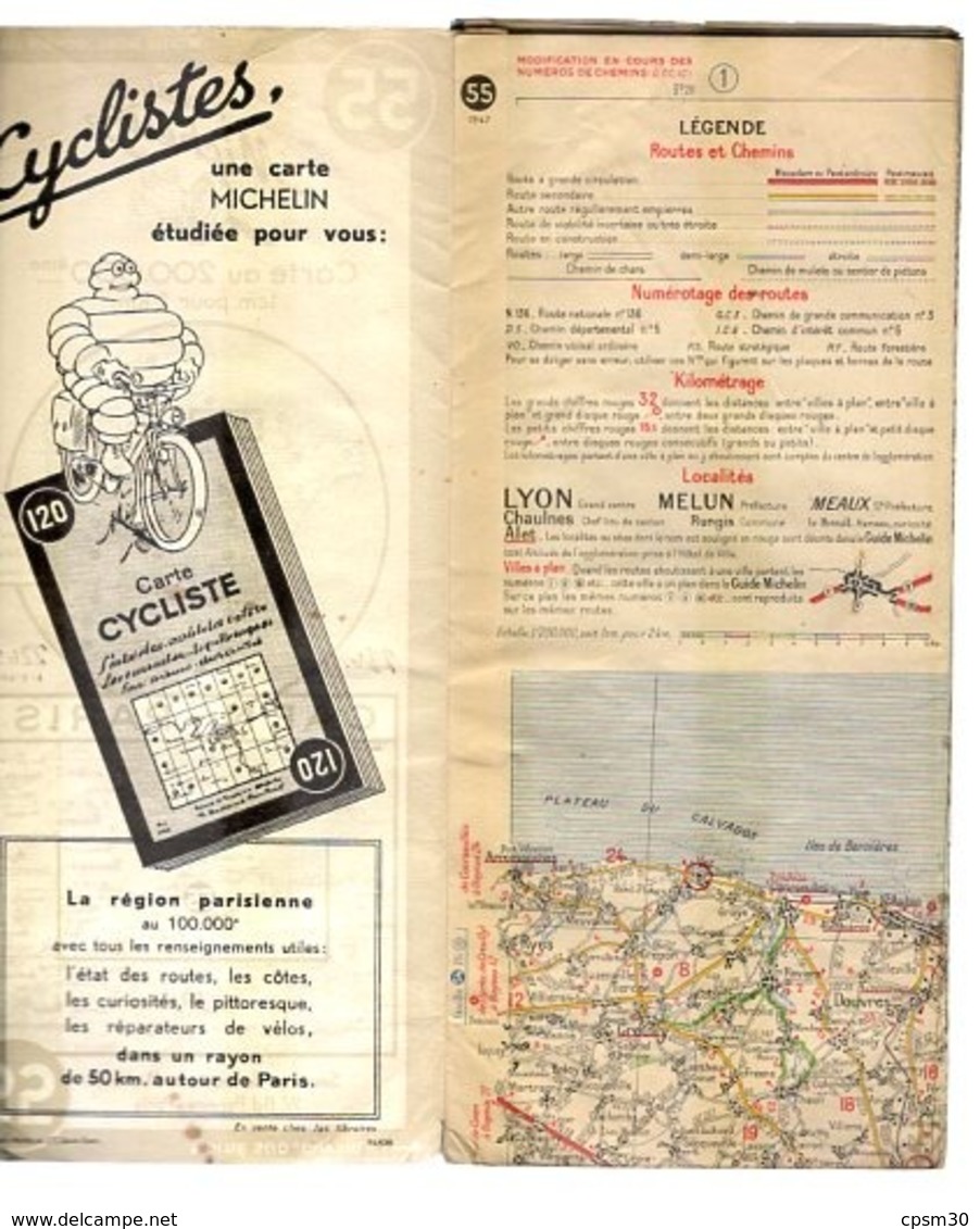 Carte Géographique MICHELIN - N° 055 CAEN - PARIS - 1947 - Cartes Routières