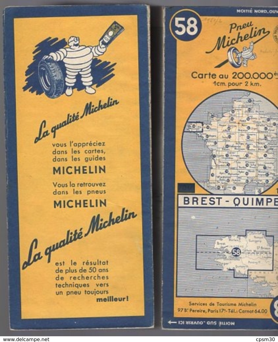 Carte Géographique MICHELIN - N° 058 BREST - QUIMPER 1951 - Cartes Routières