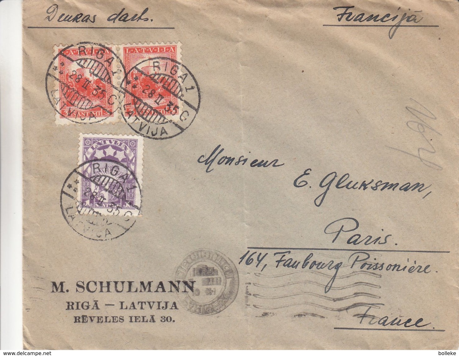 Lettonie - Lettre De 1935 ° - Oblit Riga - Exp Vers Paris - Ationale - Lettonie