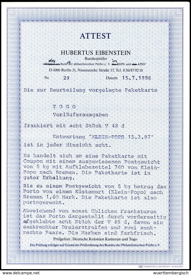 Beleg Deutsche Kolonien Togo, Vorläufer - Other & Unclassified