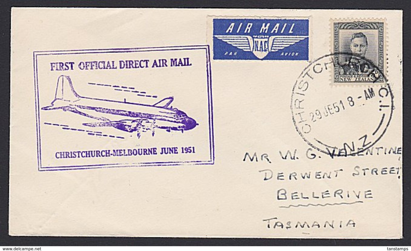 NEW ZEALAND - TASMANIA AUSTRALIA 1951 FLIGHT COVER - Corréo Aéreo