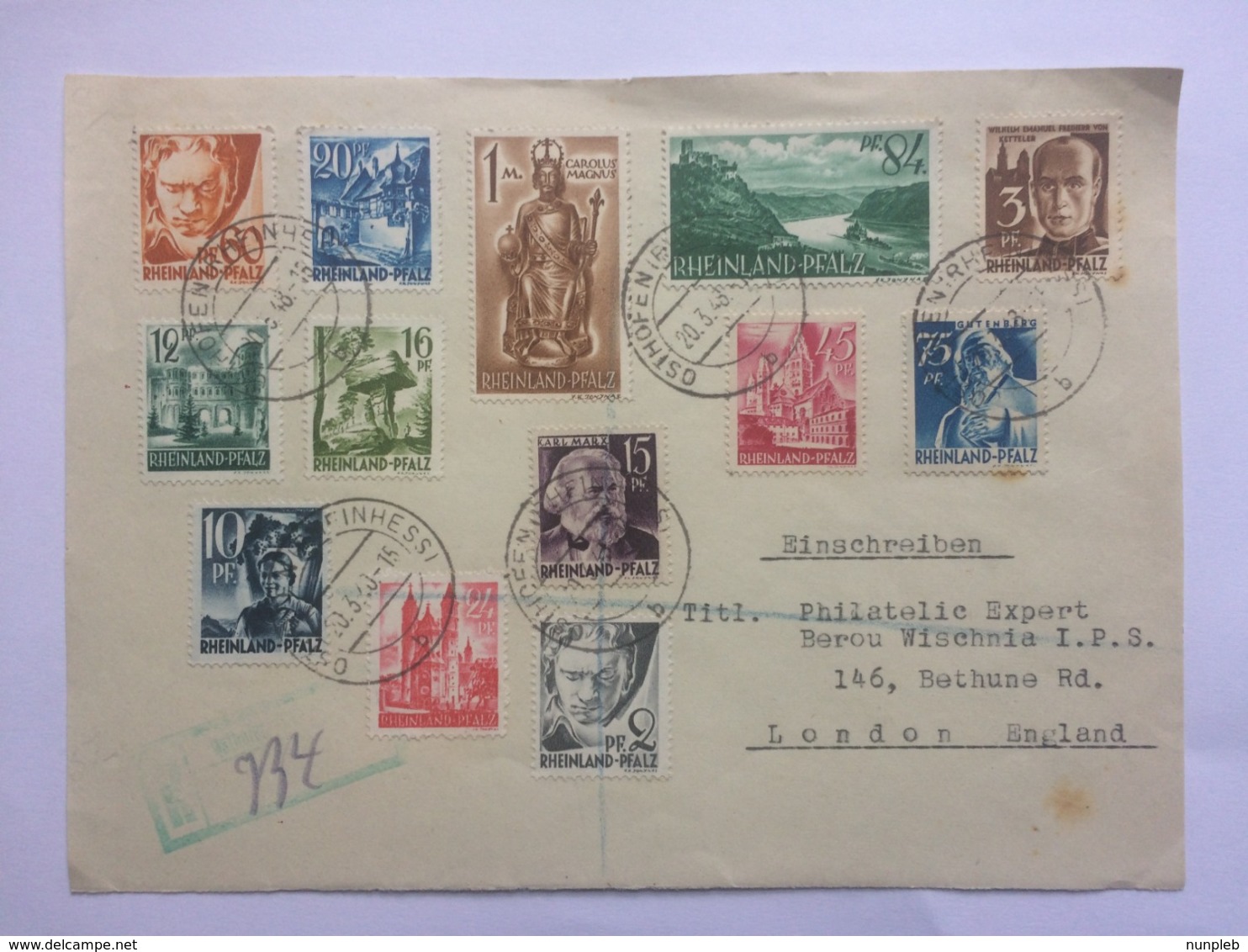 GERMANY 1948 Multi-stamped Front Of Cover Registered Osthofen To London - Altri & Non Classificati