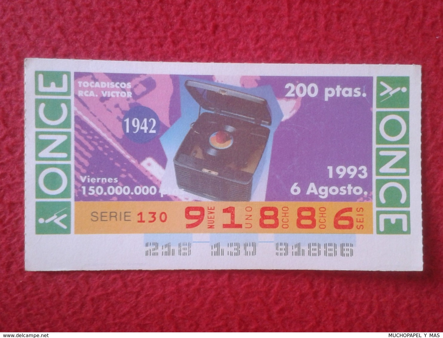 CUPÓN DE ONCE 1993 LOTTERY LOTERIE SPAIN CIEGOS BLIND LOTERÍA TOCADISCOS RCA. VICTOR 1942 TURNTABLE RECORD PLAYER VER - Billetes De Lotería