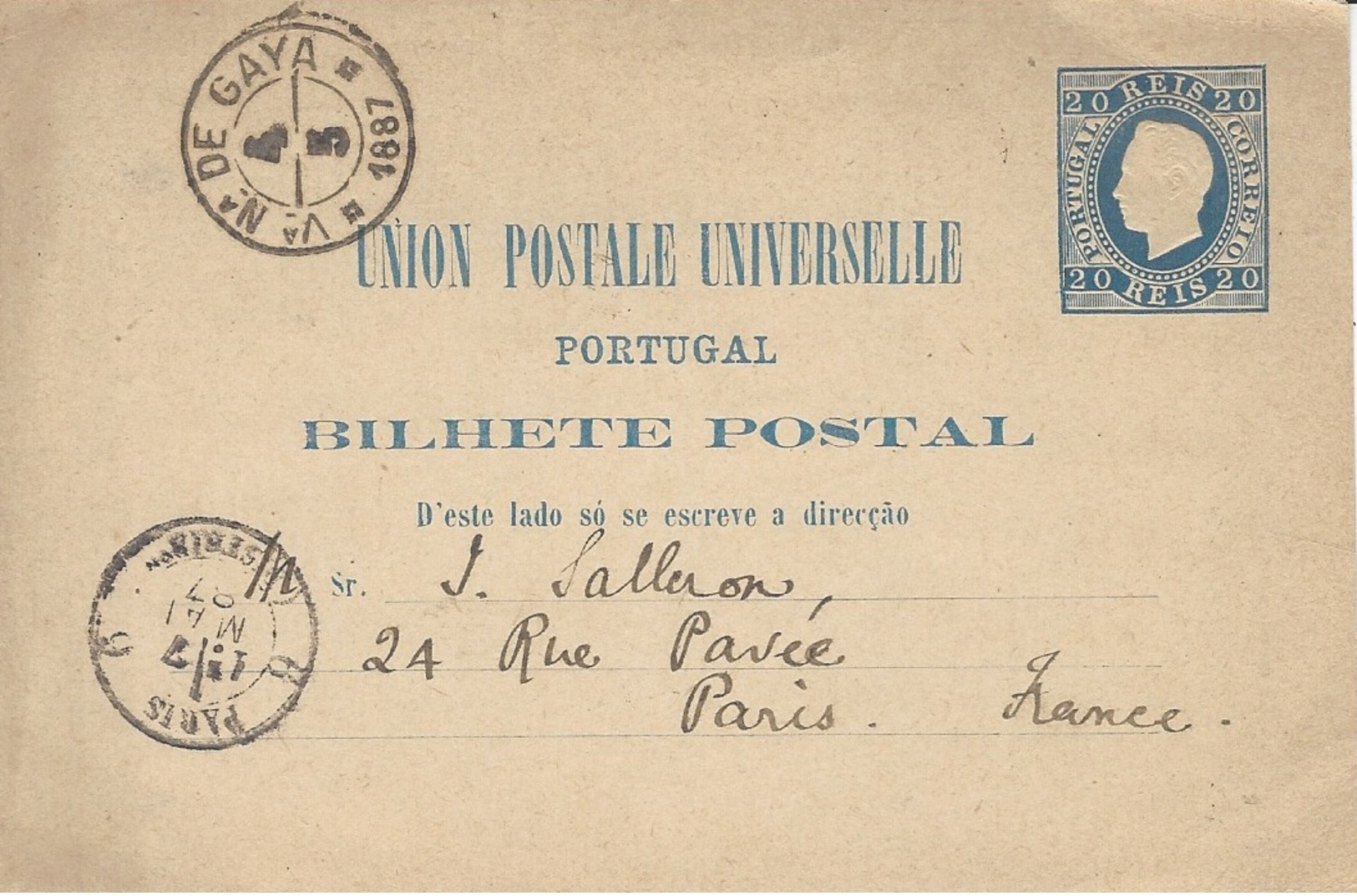 1887  - C P E P  20 Reis  De Villa Nova De Gaya  Pour Paris - Lettres & Documents