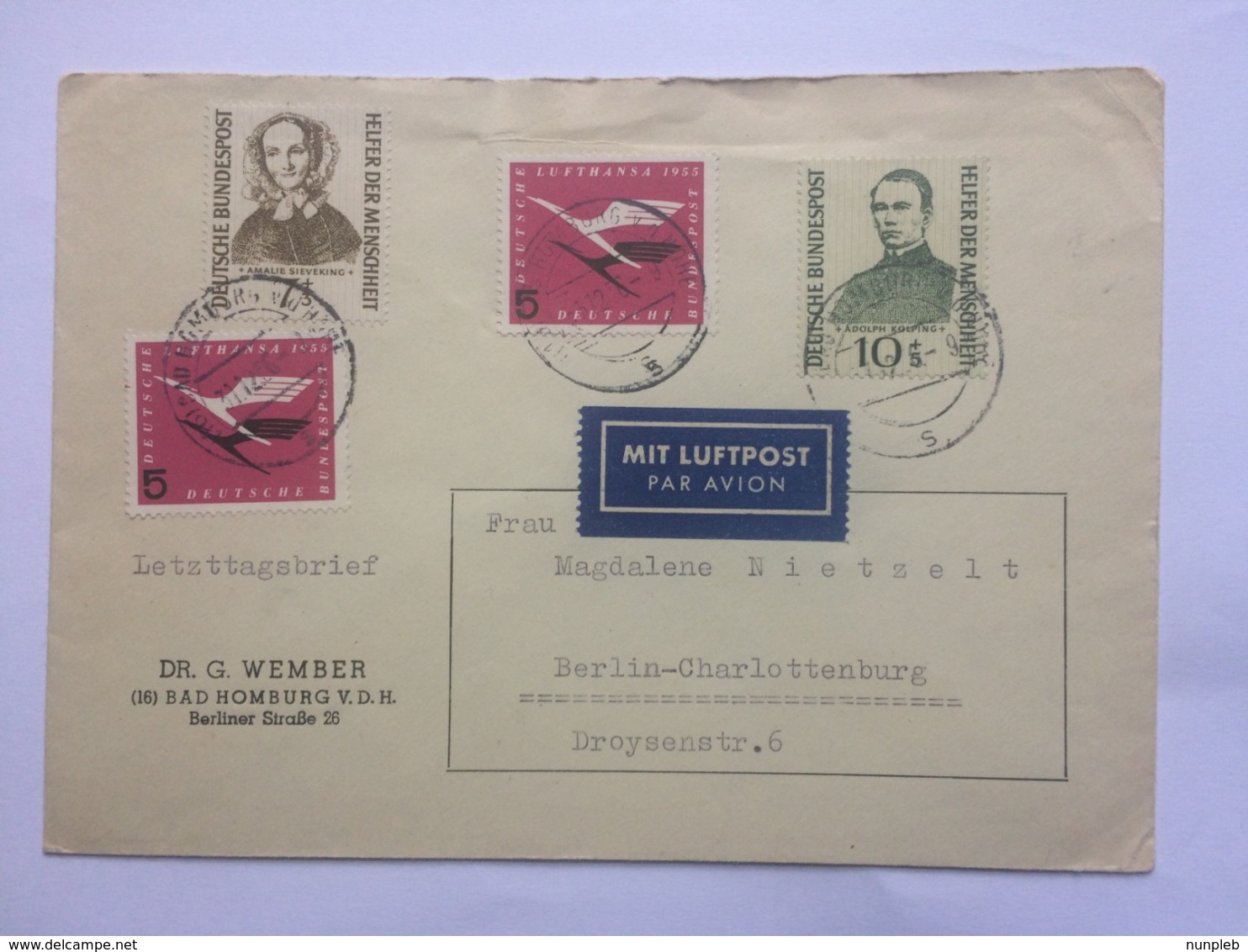 GERMANY 1956 Cover Bad Homburg To Berlin Tied With Air And Relief Fund Stamps - Briefe U. Dokumente