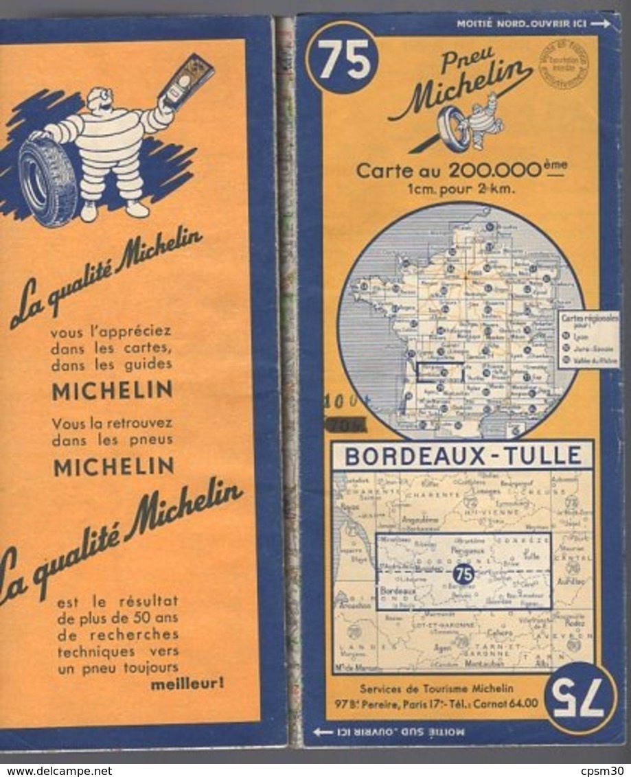 Carte Géographique MICHELIN - N° 075 BORDEAUX - TULLE 1951 - Cartes Routières