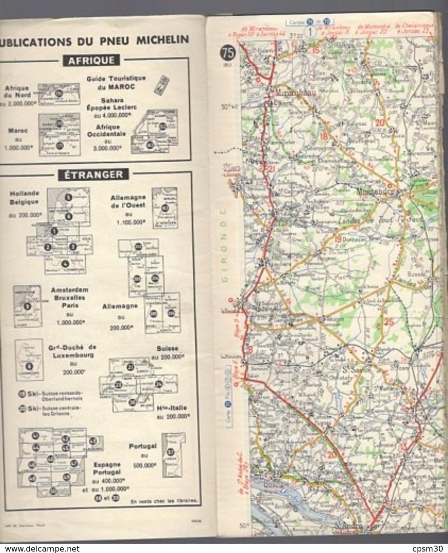 Carte Géographique MICHELIN - N° 075 BORDEAUX - TULLE 1951 - Cartes Routières