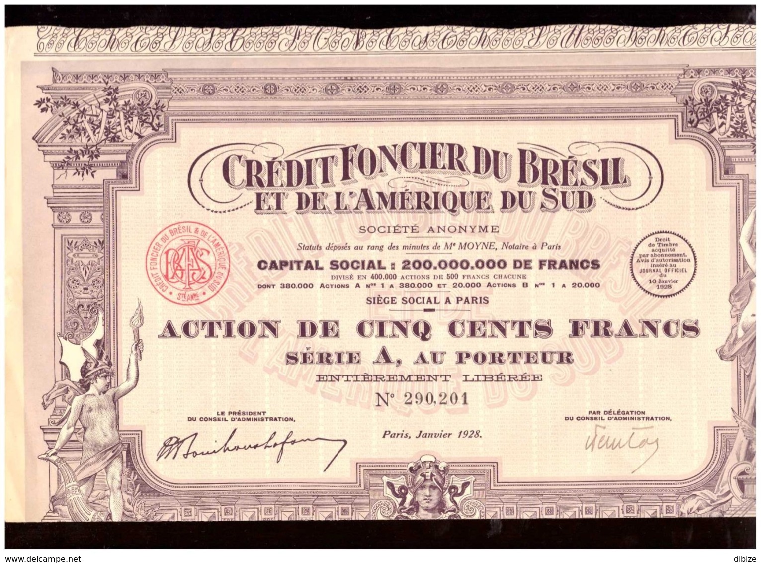 France. Action De 500 Francs Au Porteur. Crédit Foncier Du Brésil Et De L'Amérique Du Sud . 1928. + 24 Coupons. - Bank En Verzekering