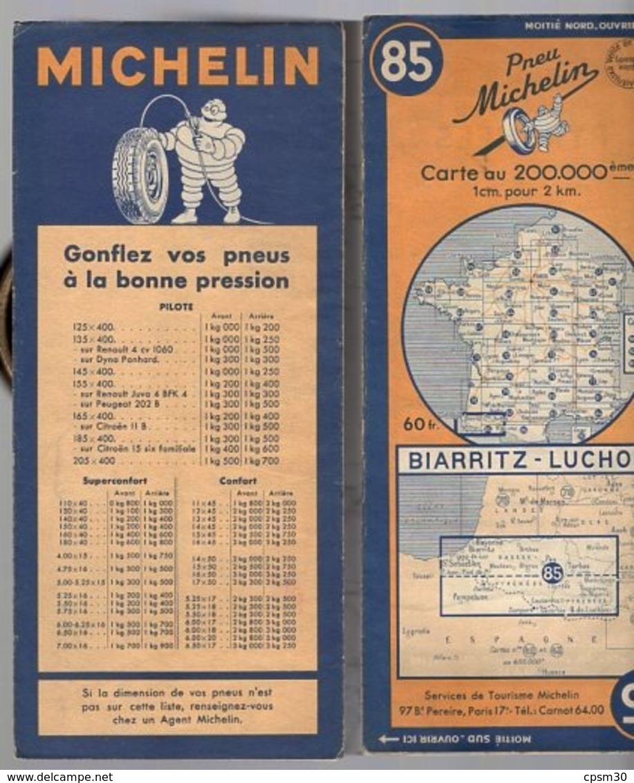 Carte Géographique MICHELIN - N° 085 BIARRITZ - LUCHON 1949 - Cartes Routières