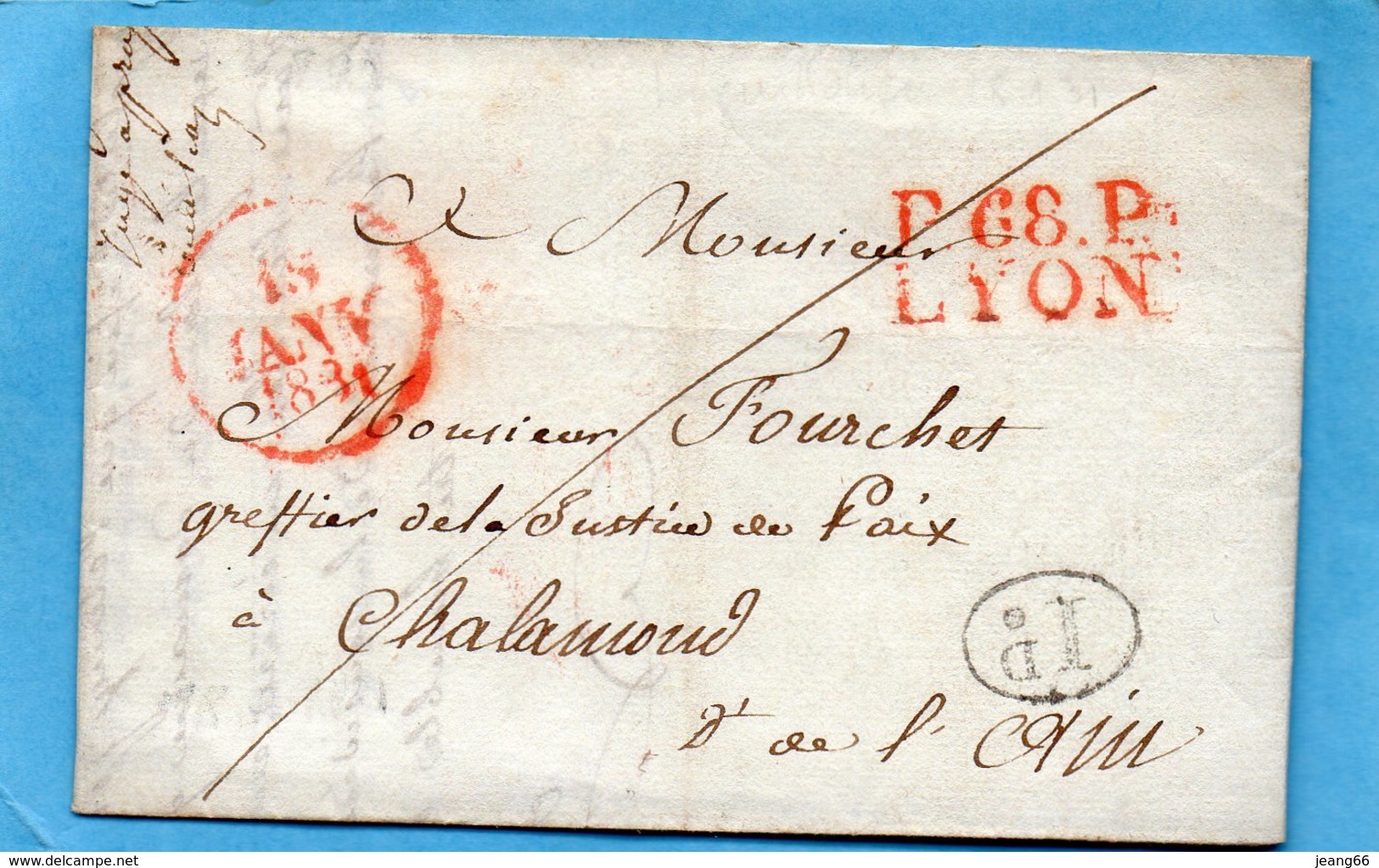 P. 68 P. LYON,rouge,24,5X12mm,L.A.C. De LA GUILLOTIERE Le 18/1/31.pour CHALAMOND - 1801-1848: Vorläufer XIX
