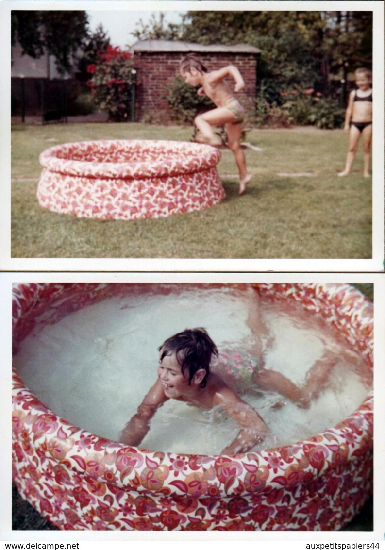 2 Photos Couleurs Originales Piscine Gonflable & Maillots De Bains Pour Plongeons & Gamins Dans Le Jardin Vers 1970 - Personnes Anonymes