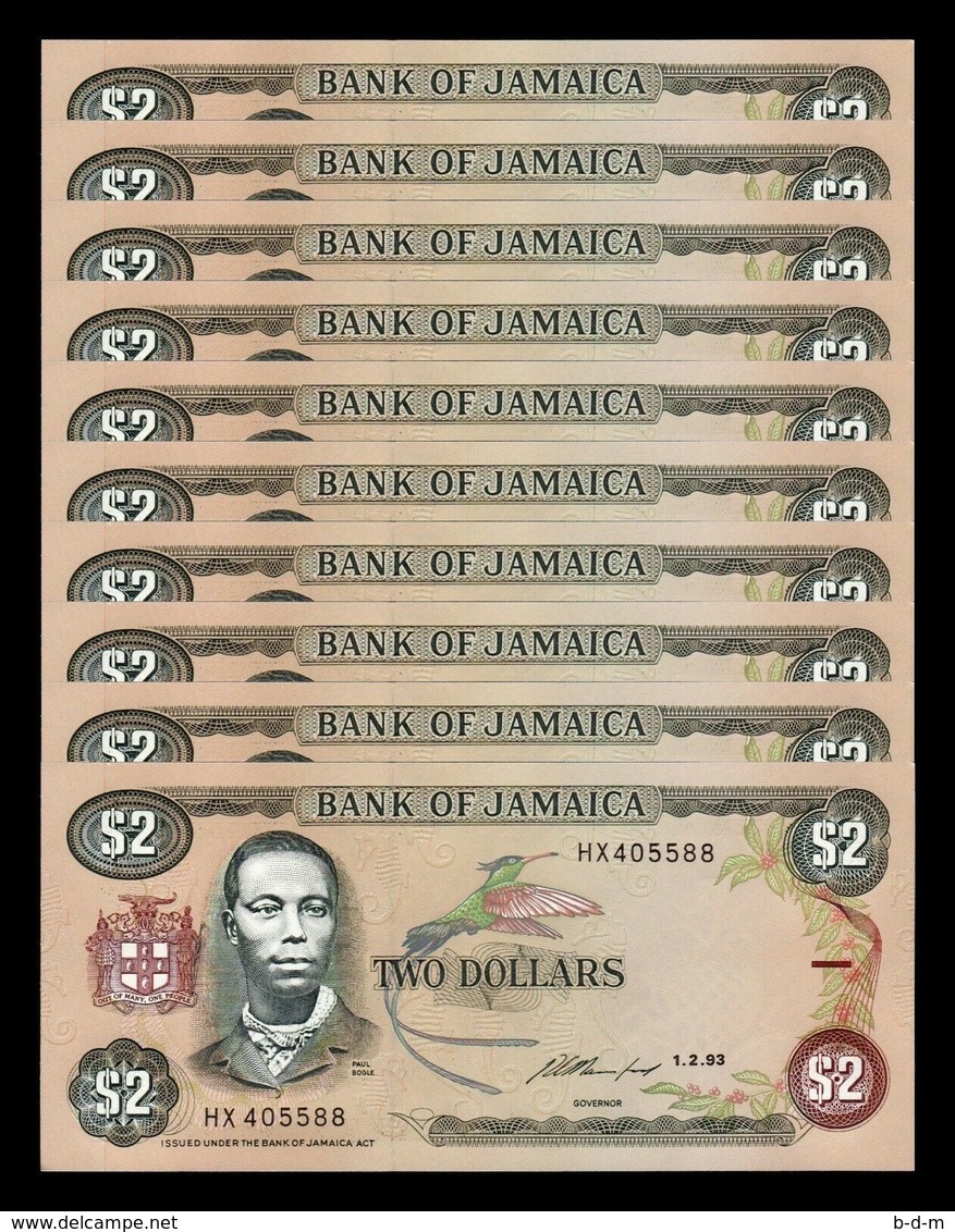 Jamaica Lot Bundle 10 Banknotes 2 Dollars 1993 Pick 69e SC UNC - Giamaica