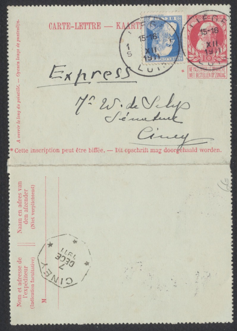 EP Au Type Carte Lettre 10ctm Rouge Grosse Barbe En Expres + N°76 De Liège / Luik (1911) Vers Ciney - Cartes-lettres