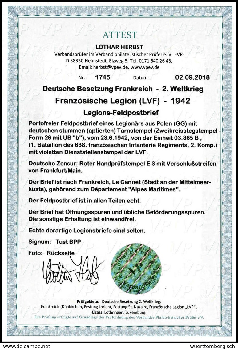 Beleg Deutsche Besetzung II. WK Französische Legion - Other & Unclassified