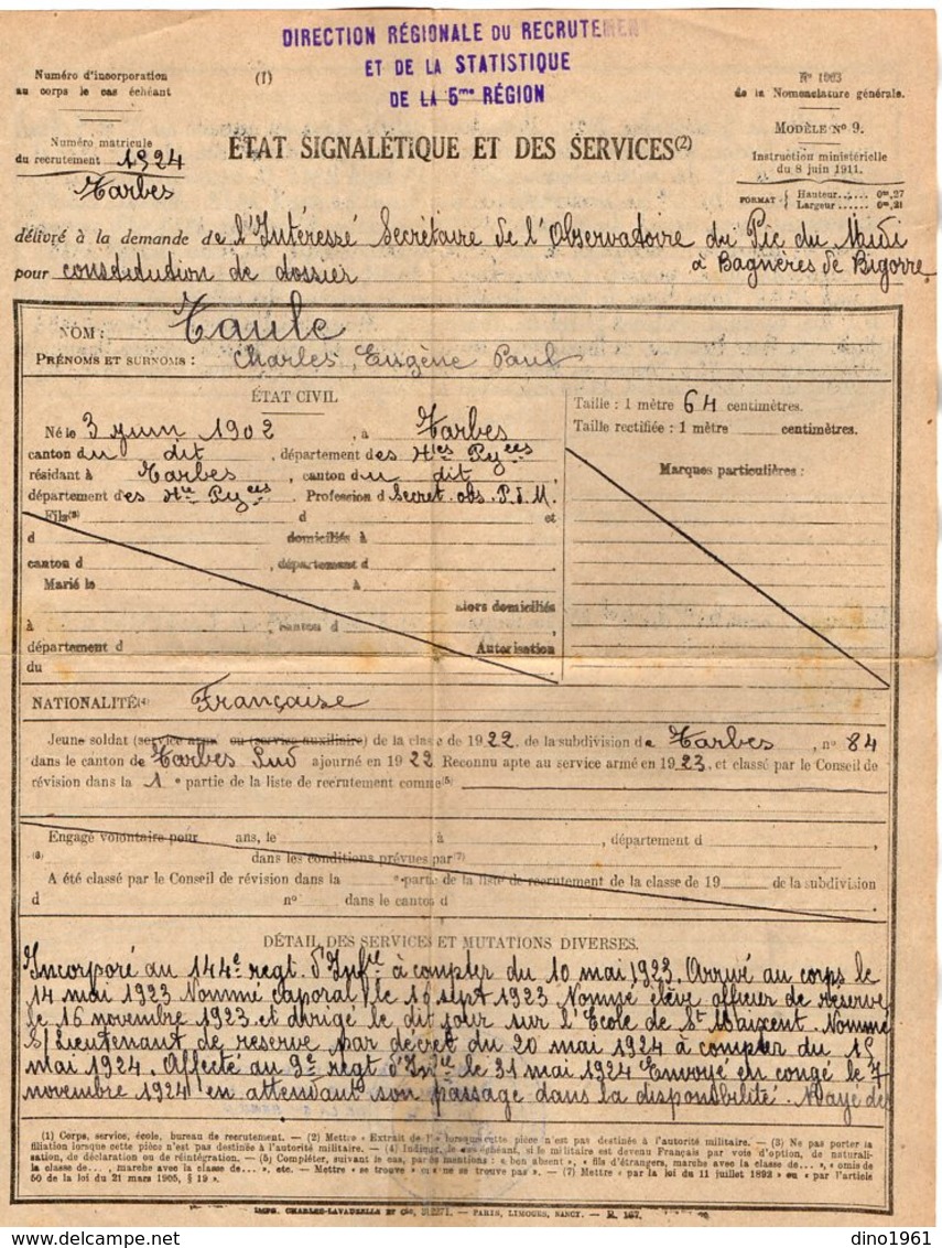 VP15.816 - MILITARIA - TOULOUSE 1947 - Etat Signalétique & Des Services - Soldat TAULE à TARBES & BAGNERES DE BIGORRE - Documenti