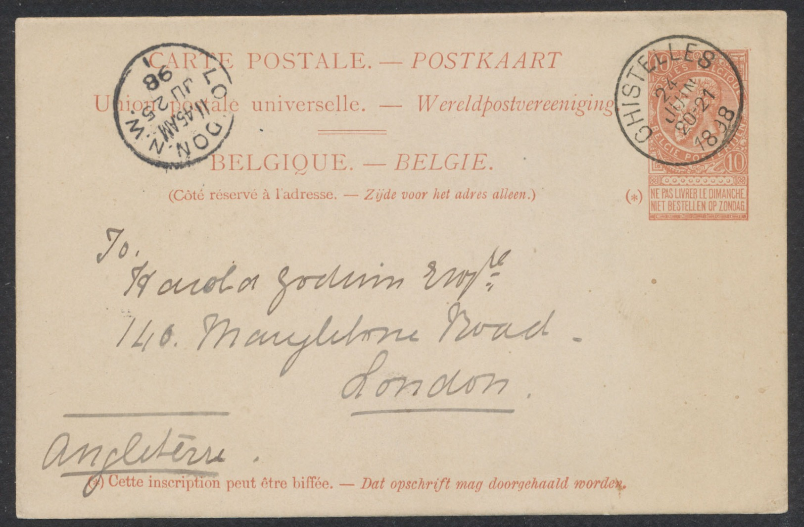 EP Au Type 10ctm Orange Fine Barbe Obl Simple Cercle "Ghistelles" (1898) Vers London. - Tarjetas 1871-1909