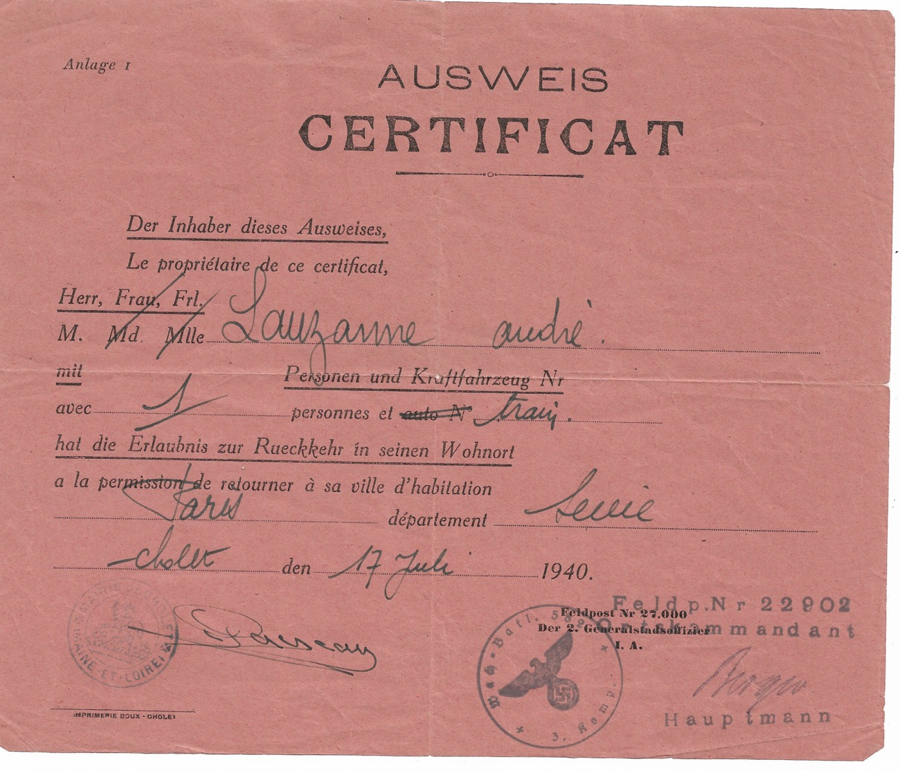 WW2  AUSWEIS  LAISSER PASSER   De CHOLET à PARIS  17 Juillet 1940 - Documents Historiques