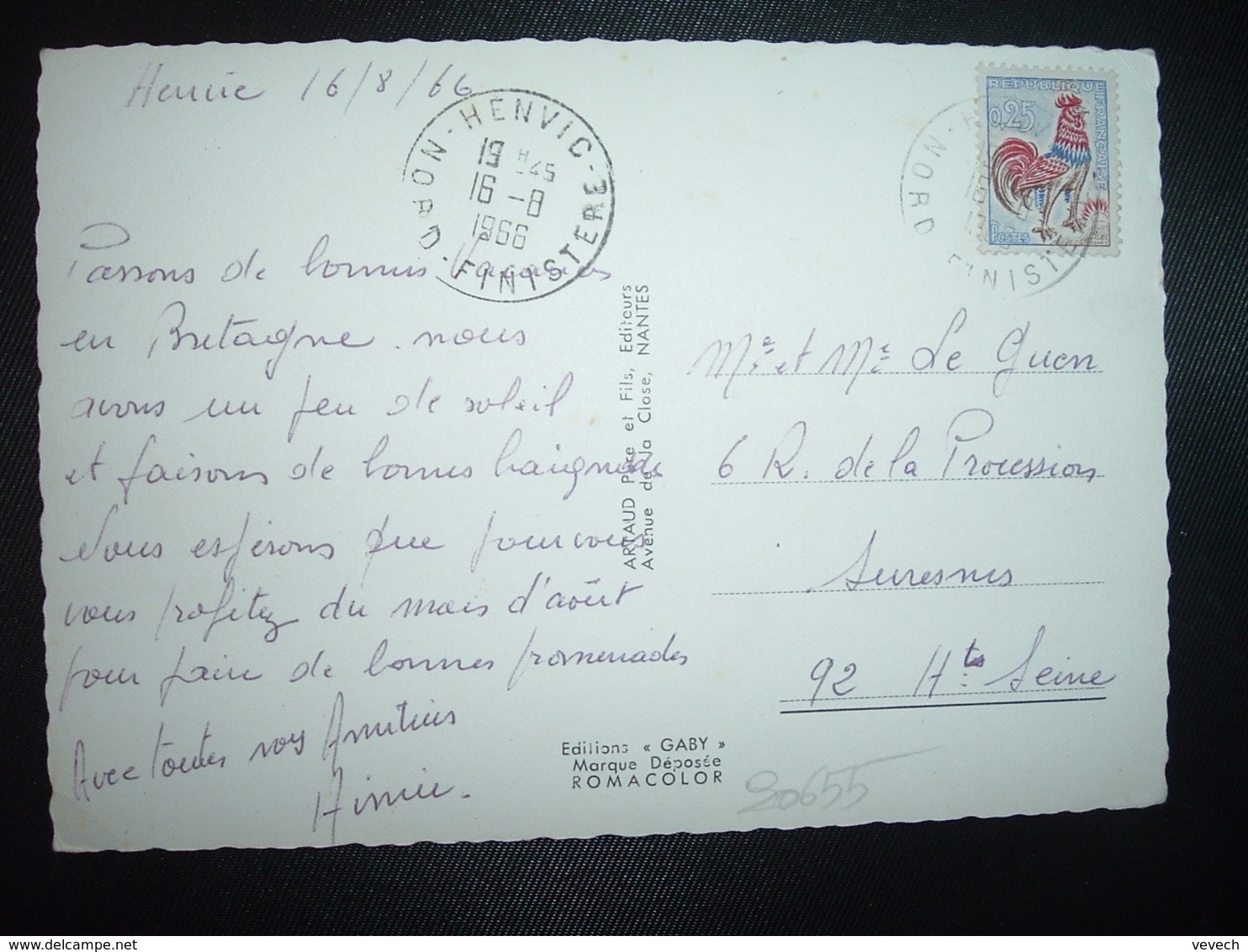 CP TP COQ DE DECARIS 0,25 OBL.16-8 1966 HENVIC NORD FINISTERE (29) - Cachets Manuels