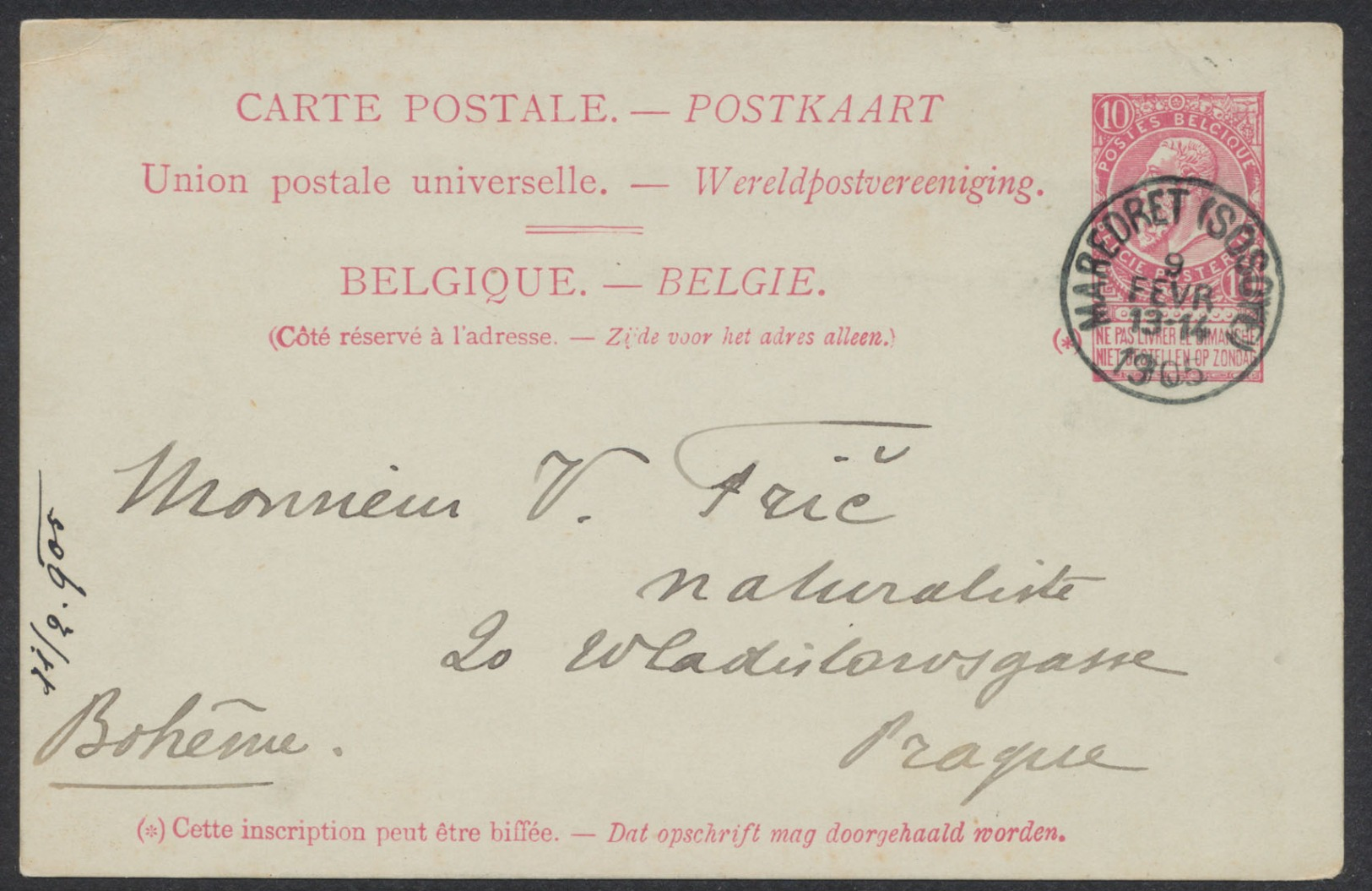 EP Au Type 10ctm Rouge Fine Barbe Obl Simple Cercle "Maredret (Sosoye)" Vers Prague (Bohême) - Tarjetas 1871-1909