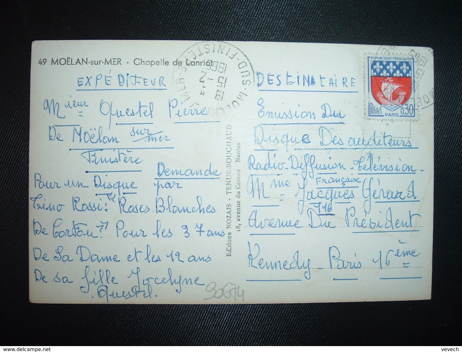 CP TP BLASON PARIS 0,30 OBL.15-2 1965 MOELAN S/MER SUD FINISTERE (29) - Cachets Manuels