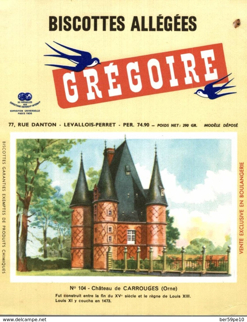 BUVARD  BISCOTTES GREGOIRE CHATEAU DE CARROUGES ORNE  N° 104 - Food