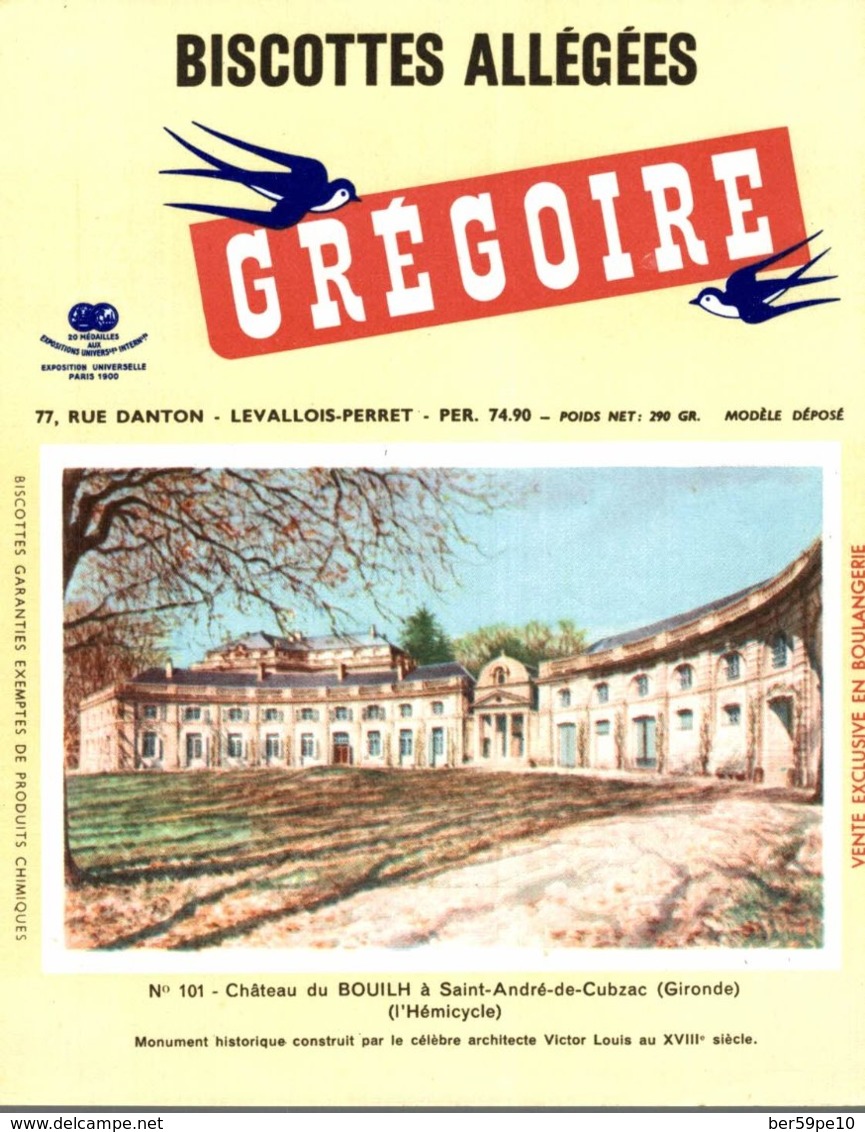 BUVARD  BISCOTTES GREGOIRE CHATEAU DU BOUILH SAINT-ANDRE-DE-CUBZAC  GIRONDE  N° 101 - Food