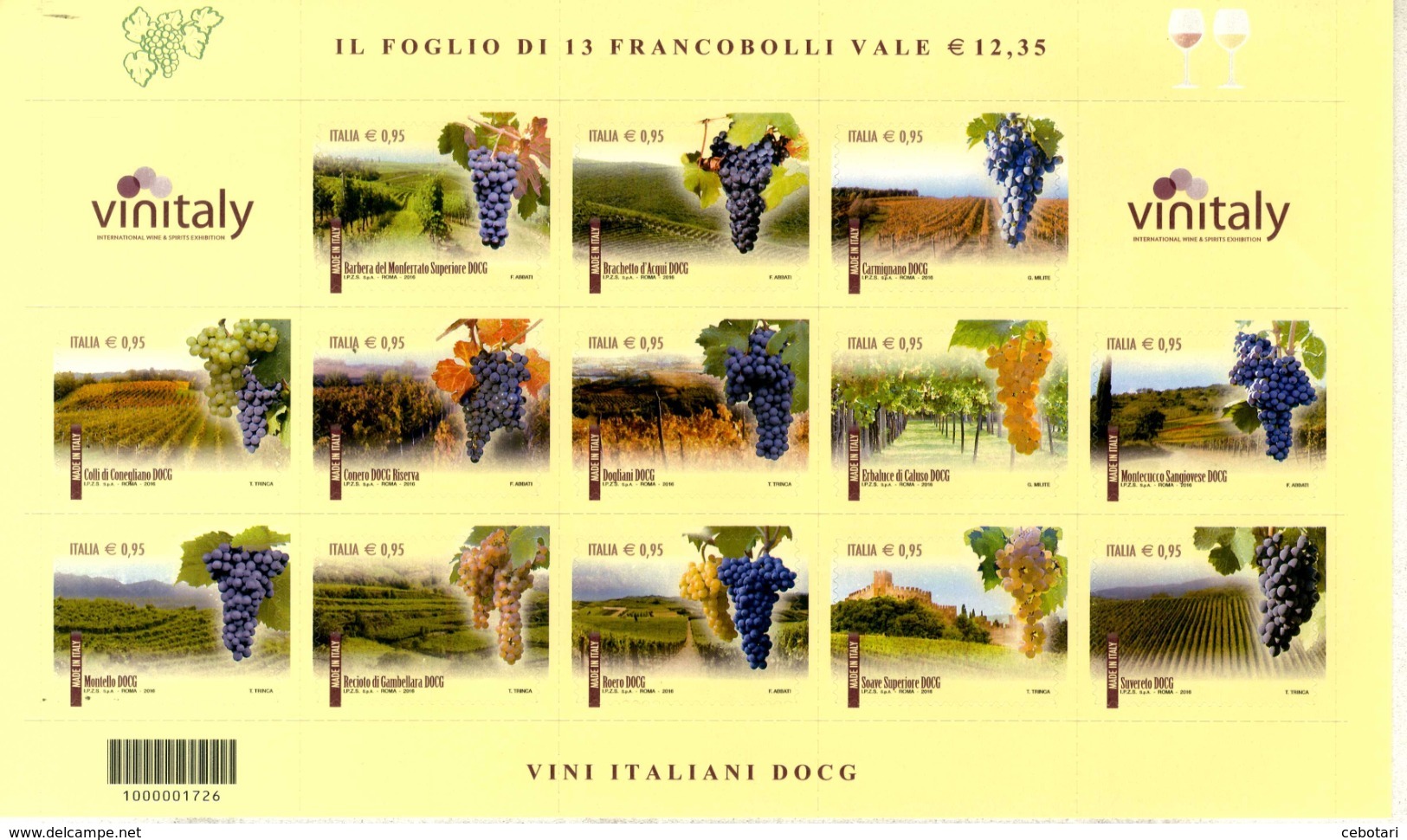 ITALIA / ITALY 2016** - Made In Italy - Vini Italiani DOCG - Foglio Di 13 Val. MNH, Autoadesivi. - Vini E Alcolici